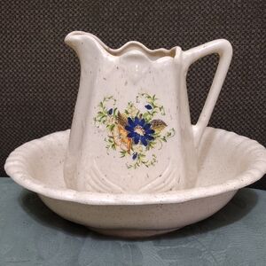 Large Vintage Speckled Cream Colored Floral Pitcher and Basin Set